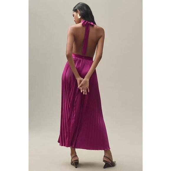 NWD L'IDEE Renaissance Halter Split Pleated Gown Maxi Dress US 10 Purple #9K503 - Picture 3 of 16